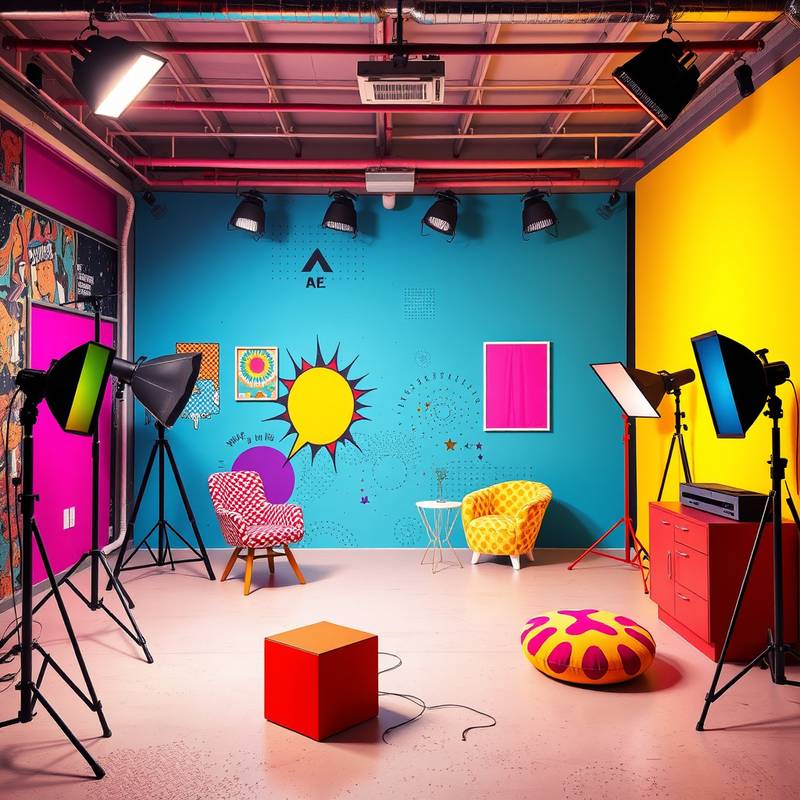 A colorful and playful pop art studio with vibrant backdrops.