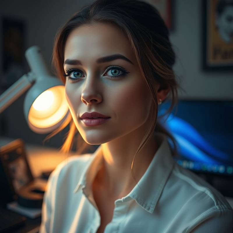 A photo editor, Irina Morozova, retouching a portrait using Adobe Photoshop on a professional workstation.