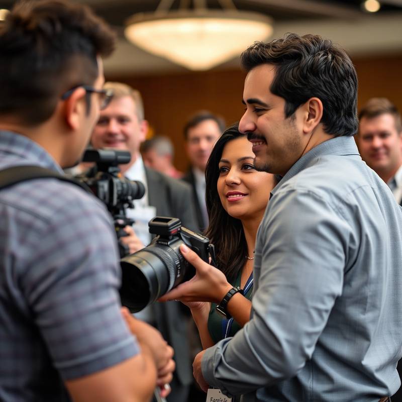 A photographer, Maria Sanchez, capturing candid shots at a corporate event with professional equipment.