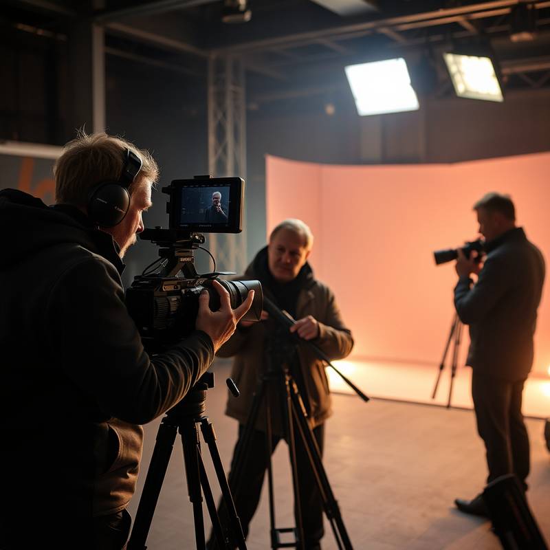 A video production team, led by director Boris Volkov, filming a scene with professional equipment and lighting.