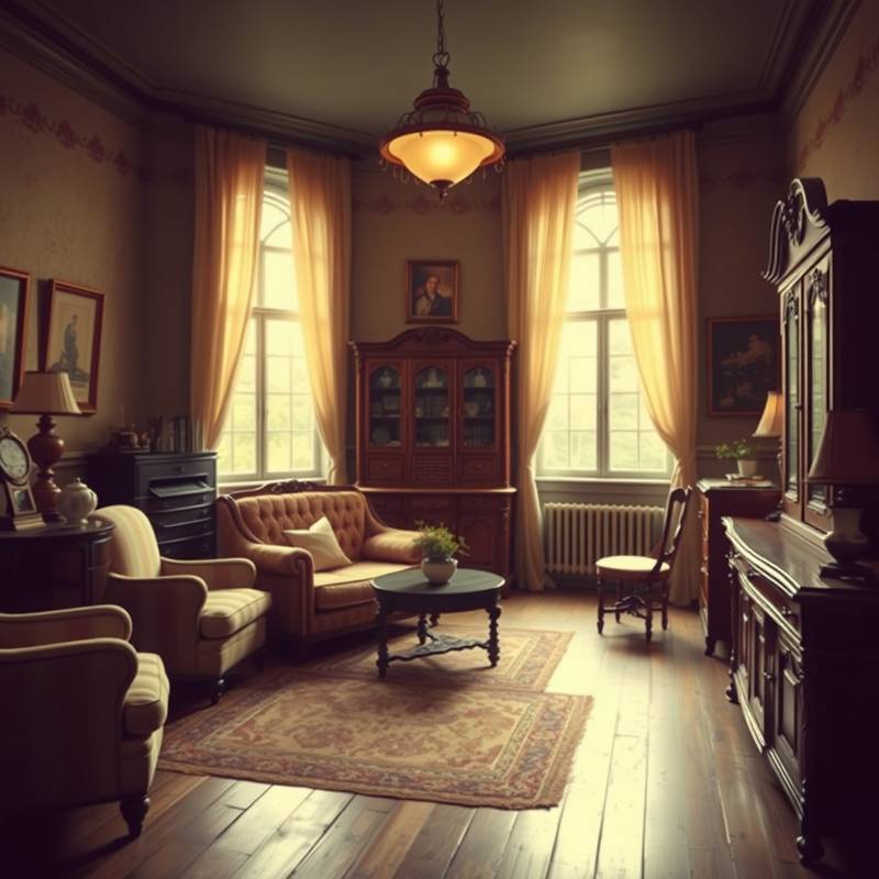 A vintage-themed room with antique furniture and warm lighting.