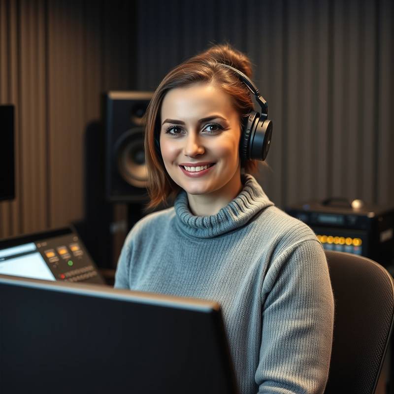 An audio engineer, Elena Sokolova, mastering audio using professional software and equipment in a soundproof studio.
