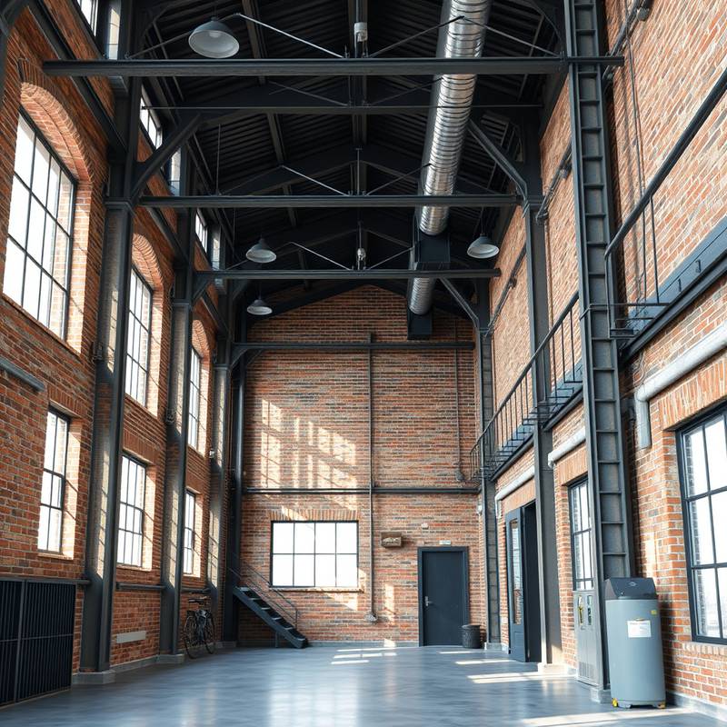 An industrial loft space with exposed brick walls and metal accents.