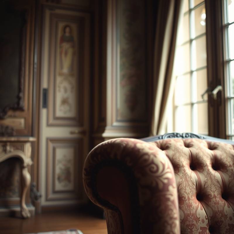 Close-up of an antique armchair in the Vintage Room, showcasing intricate details.