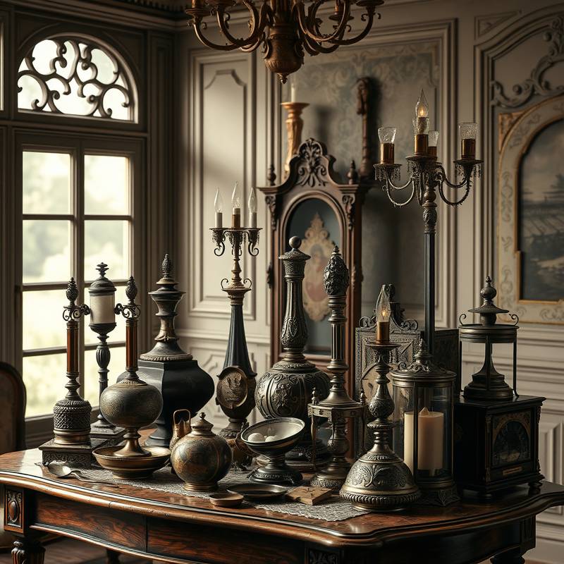 Ornate props and accessories arranged on a table in the Vintage Room.