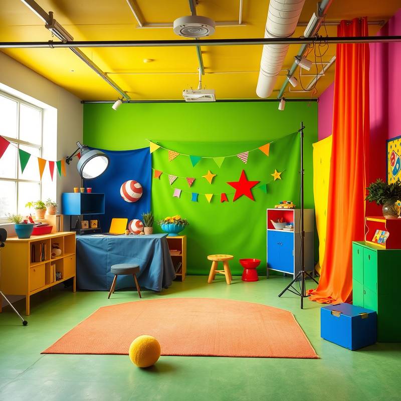 Studio Room Three: A colorful and playful studio with vibrant backdrops and props.